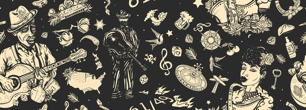 Blues music seamless pattern. Crossroads 61/49 and devil legends. Elderly Afro American bluesman playing slide guitar. Musical art. Beautiful black jazz woman and saxophone. Old school tattoo style
