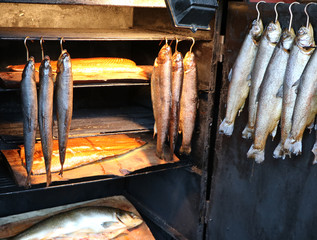 Fresh smoked fish hanging in a smoker on hooks, for sale on a weekly market