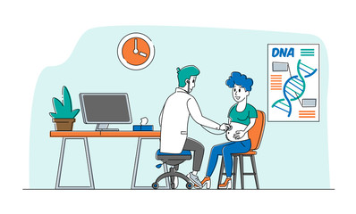 Pregnancy Check Up, Maternity. Pregnant Woman at Doctor Appointment in Clinic. Male Doctor Character Listening Baby Heart Beating Put Stethoscope on Female Belly. Linear Vector People Illustration