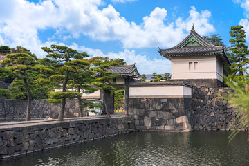 Donjon Edojō Kikyō-mon Gate with moats lined with pine trees outside of the Tokyo Imperial Palace.