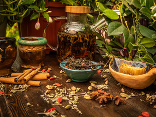 Preparation of the tea ceremony, tea in the bowl. Handmade cups