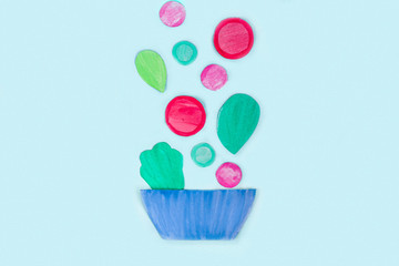 Plate with vegetables salad made from paper (tomato, greens, radish) on blue background. Food art and creative concept. DIY and children's creativity. Healthy eating and vegetarian food. Сopy space