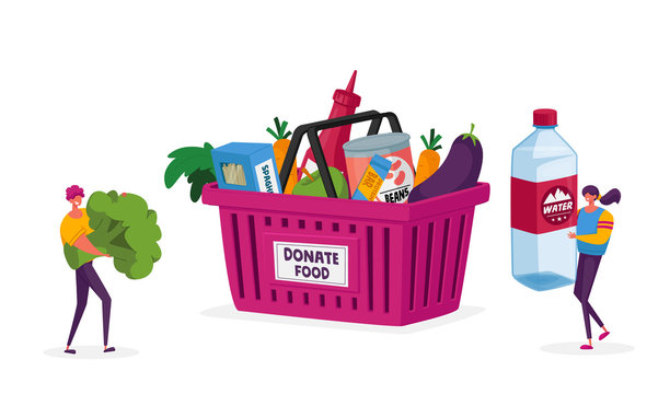 Tiny Characters Carry Huge Water Bottle and Broccoli for Collecting Donation Box. Altruistic Behavior, Togetherness and Philanthropy Concept, Volunteers Teamwork. Cartoon People Vector Illustration