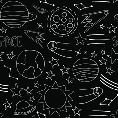 Space planets asteroids rocket ufo meteorite star night sky. Vector seamless pattern. Space travelling flight. Illustration in doodle style. For printing on paper fabric social media post web banner
