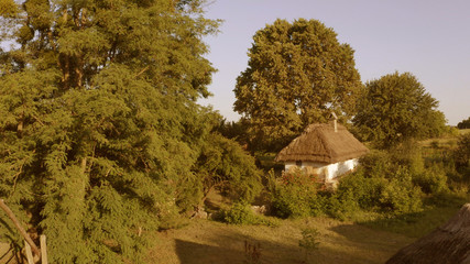Fototapeta premium Comfortable small house with thatched in the forest. Bright sunny day.