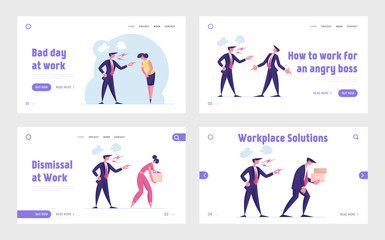 Angry Boss Scolding and Firing Employees Landing Page Template Set. Furious Character Yelling and Dismiss Workers in Office. Businesspeople with Belongings Leave Workplace. Cartoon Vector Illustration
