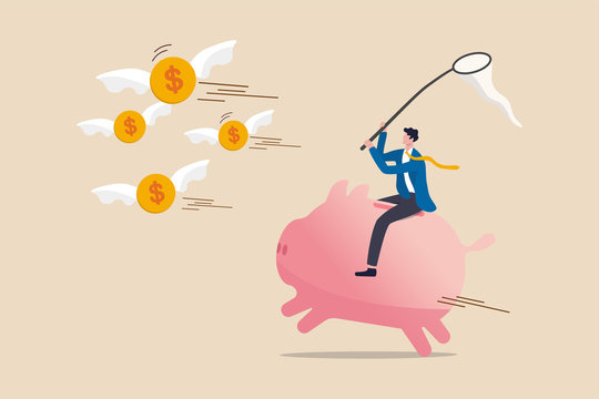 Investor return in stock market investment in financial crisis, money loss in economic collapse or searching for yield concept, investor man riding pink piggy bank catching flying dollar coins money.
