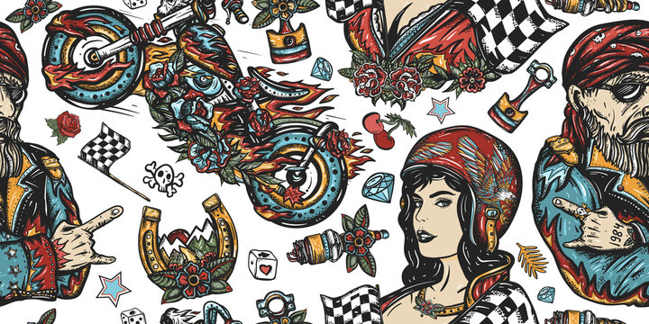 Bikers seamless pattern. Pin up girl, spark plug. Lifestyle of racers background. Bearded biker man, burning chopper motorcycle, race flag, rider sport woman. Old school tattoo background
