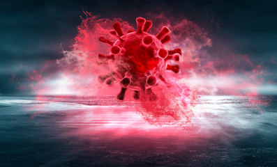 Abstract futuristic scene with the Covid-19 virus. Dark night street with neon lights. Virus,...