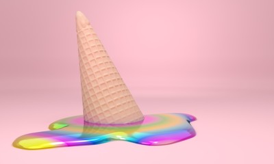 3d image of a melted holographic gradient rainbow neon shiny ice cream with a cone with pink...