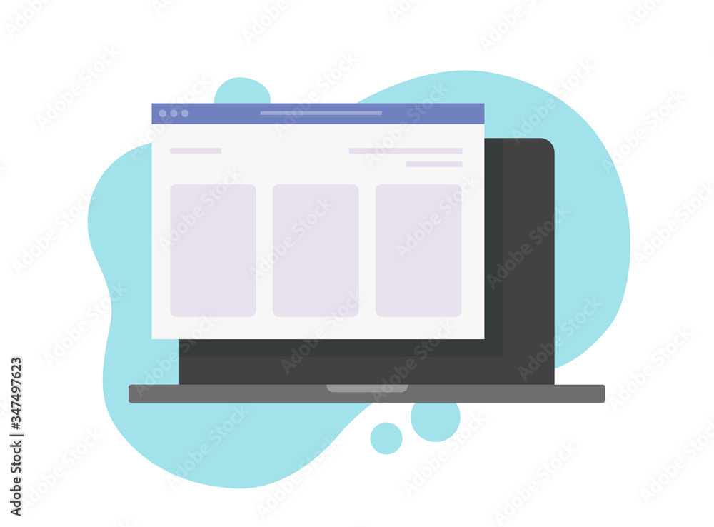 Poster website in browser window on laptop computer or web site page layout on pc screen vector flat cartoo