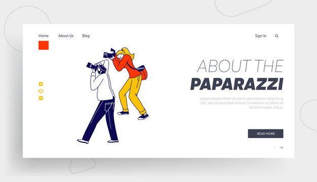 Fame And Scandal Landing Page Template. Photographers Shoot On Cinema Award Ceremony. Paparazzi Characters Waiting Celebrity Or Show Business Stars Appearance. Linear People Vector Illustration