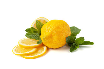 Lemons with mint leaves, isolated on white background
