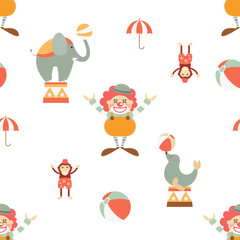 Fototapeta premium Circus Seamless Pattern - Cartoon Circus Animals and Clown. Amusement background. Vector Illustration. Print for Wallpaper, Baby Clothes, Wrapping Paper. Don't contain clipping mask and gradient.