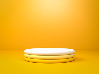 Round yellow gradient stage, podium or pedestal over yellow paper background in studio. Use for product identity, branding and presenting. Place your object or product on pedestal. 3d render