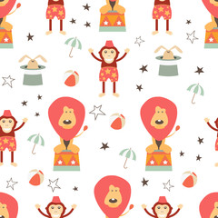 Circus Seamless pattern - Cartoon Circus Animals - Lion, Monkey. Amusement background. Vector Illustration. Print for Wallpaper, Baby Clothes, Wrapping Paper. Don't contain clipping mask and gradient.