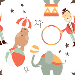 Circus Seamless pattern - Cartoon Circus Animals, Funny Tamer. Amusement background. Vector Illustration. Print for Wallpaper, Baby Clothes, Wrapping Paper. Don't contain clipping mask and gradient.