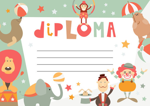 Certificate Kids Diploma. Circus Theme - Cartoon Circus Characters  and Objects. Vector Illustration. Kids Education.