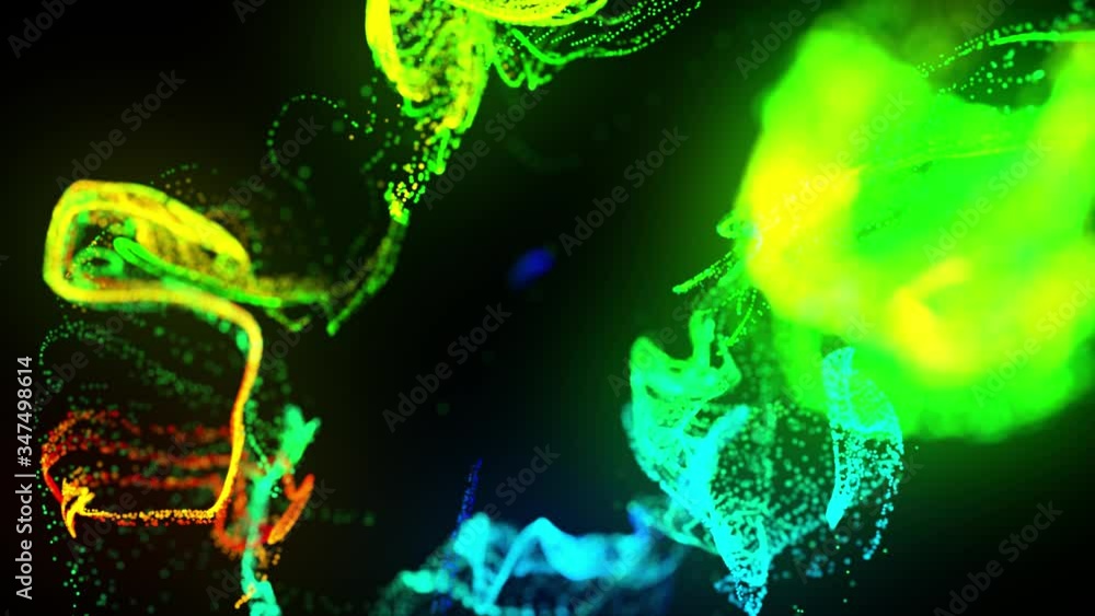 Poster injection of fluorescent multicolor ink in water in 4k. 3d render of glow particles in ink flow. lum