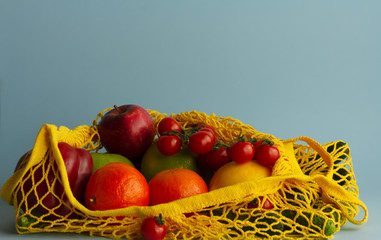 Vegetables and fruit in a string bag. Zero waste concept