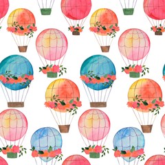 Fototapeta premium watercolor illustration, seamless pattern, balloons and flowers, wallpaper or fabric ornament, wrapping paper, background for design