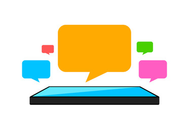 speech bubble colorful on smartphones screen, smart phone and speech bubble icon of social chat concept, dialog speech sign for copy space, talk conversation message symbol, isolated on white