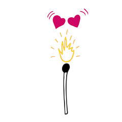 Fiery matches. Fire for two hearts, concept, vector illustration. Two hearts over a burning match on a white background.