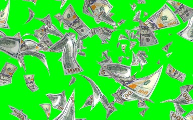 Flying dollars banknotes isolated on chromakey. Money is flying in the air. 100 US banknotes new sample. 3D illustration
