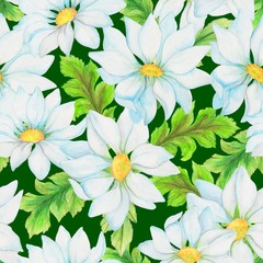 watercolor illustration, seamless pattern, large flowers in white and blue, leaves, ornament for wallpaper or fabric, wrapping paper, background for design