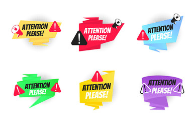 Attention please big banner ribbon speech bubble set with text badge label flat style design vector illustration collection isolated on white background. Pay attention, please.