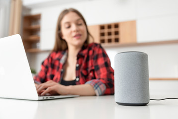 Woman talking to smart speaker. Smart home.