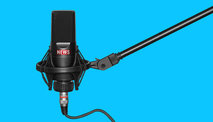 Professional black microphone with news logo isolated on blue