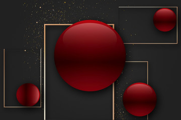 Красные геометрические фигуры шары и Золотые рамки и блестки на темном фоне. Креативная 3д иллюстрация.