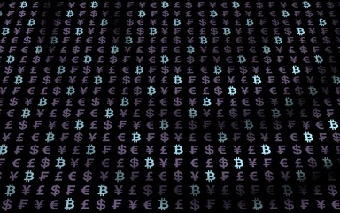 Bitcoin and currency on a dark background. Digital crypto symbol. Currency bubble, wave effect, market fluctuations. Business concept. 3D illustration