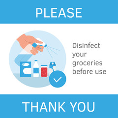 Wash, clean, disinfect purchase. Hand holding spray with disinfectant and spay to grocery. Vector illustration flat style design. Coronavirus prevention rules, advice. Banner sign store, supermarket