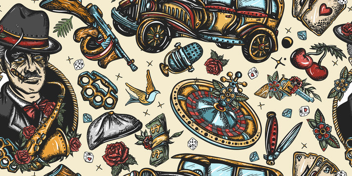 Mafia pattern. Criminal, old noir movie background. Gangsters. Retro crime seamless background. Boss plays saxophone, bandits weapons, retro car, casino, robbers. Traditional tattooing style