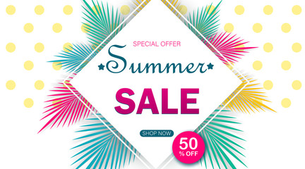 Summer sale background with palm. Vector background for banner, poster, flyer, card, postcard, cover, brochure vector