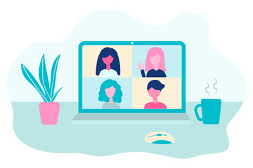 Video conference. People group on computer screen talking, virtual meeting. Online communication, education, remote work vector concept in flat design.