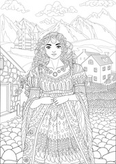 Coloring book for adults with beautiful medieval princess dressed in historical outfit stading in the cute village and beautiful castle in the background