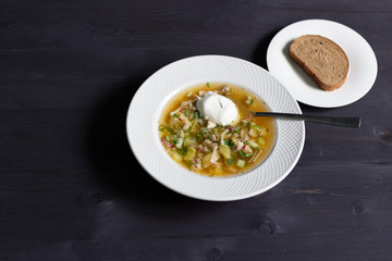 Plate of cold russian okroshka soup with sour cream and bread