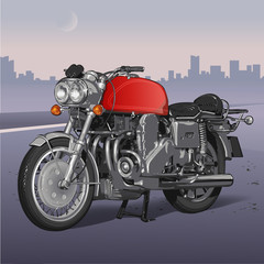 Retro motorcycle with a red gas tank on urban background.