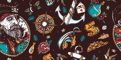 Pirates seamless pattern. Old captain, parrot, sea wolf, compass, anchor, treasure island, swallows. Caribbean robbers. Sea adventure background. Traditional tattooing style