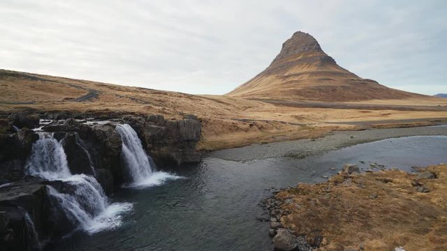 Kirkjufell is one of the most scenic and photographed mountains in Iceland all year around. Beautiful Icelandic landscape of Scandinavia. High resolution 4K footage