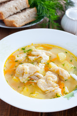 Homemade chicken soup with dumplings in a white plate, selective focus