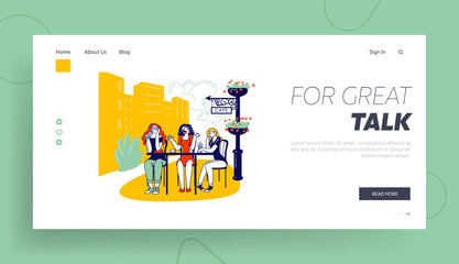 Annoying Talk Landing Page Template. Female Characters Sitting in Cafe Drinking Coffee and Listening Boring Girl Friend. Bored Conversation, Boredom and Irritation. Linear People Vector Illustration