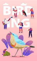 Birding Concept. Group of Friends Characters Camping and Hiking Using Binoculars Watching Bird. Observation of Birds in Natural Habitats Hobby Poster Banner. Flyer Cartoon People Vector Illustration