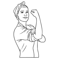 Hand drawn vector illustration of a housewife rolling up her sleeves and clenching a fist. monochrome, comic, departure.