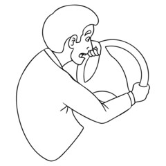 outline drawing of a man from behind, holding a steering wheel in his hand.