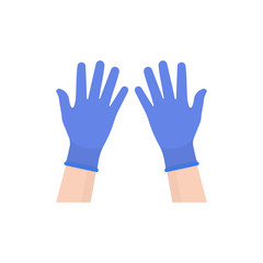 Hands in blue gloves. Protective rubber blue gloves. Protective latex blue gloves. Vector illustration. Flat design. Isolated.