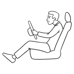 monochrome vector illustration of a car driver from the side with steering wheel in hand. free-standing, isolated, on white background.